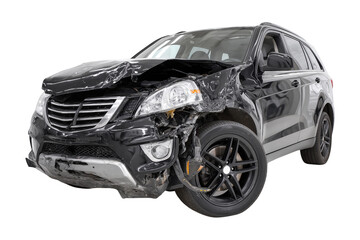 Damaged Black Sport Utility Vehicle With Front End Collision, Significant Body Damage On Transparent Background