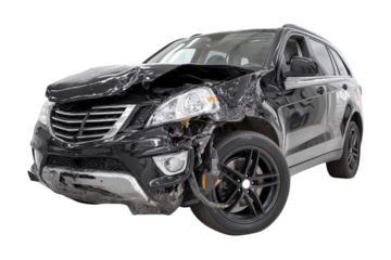 Damaged Black Sport Utility Vehicle With Front End Collision, Significant Body Damage On Transparent Background
