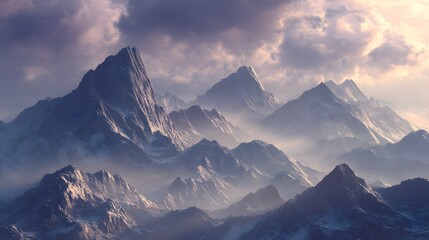 Mystical Peaks and Cloud Veils Fantasy Landscape Serene Beauty Unveiling Majestic Mountains in Soft Light Nature's Grandeur Dreamlike Atmosphere and Winter Realm