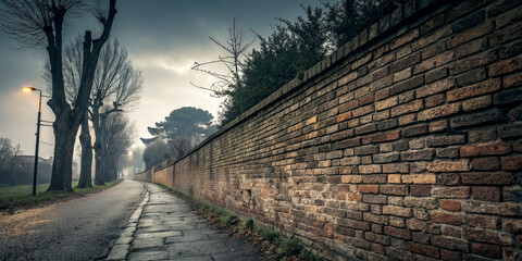 Misty urban alley, long brick wall, bare winter trees, moody atmosphere, foggy street, vintage streetlamps, eerie lighting, deserted pathway, cinematic composition, muted colors, twilight ambiance
