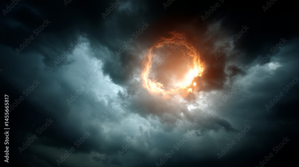 Poster fiery light emerges from dense storm clouds, creating a dramatic atmosphere. the swirling ring adds 
