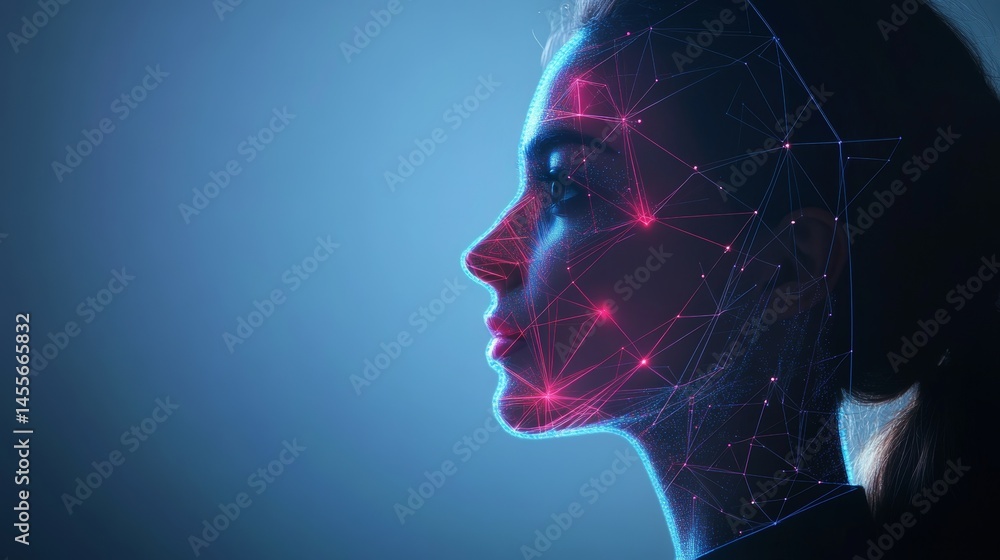 Poster digital face mapping technology showcases intricate data visualization overlaying a person?s profile