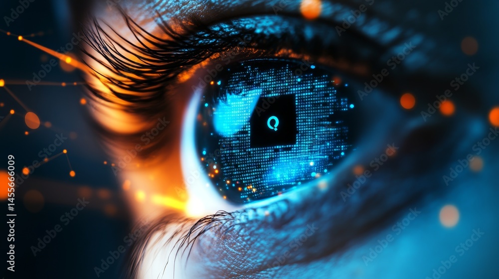 Poster close-up view of a futuristic human eye reflecting digital elements and technology in a surreal arti