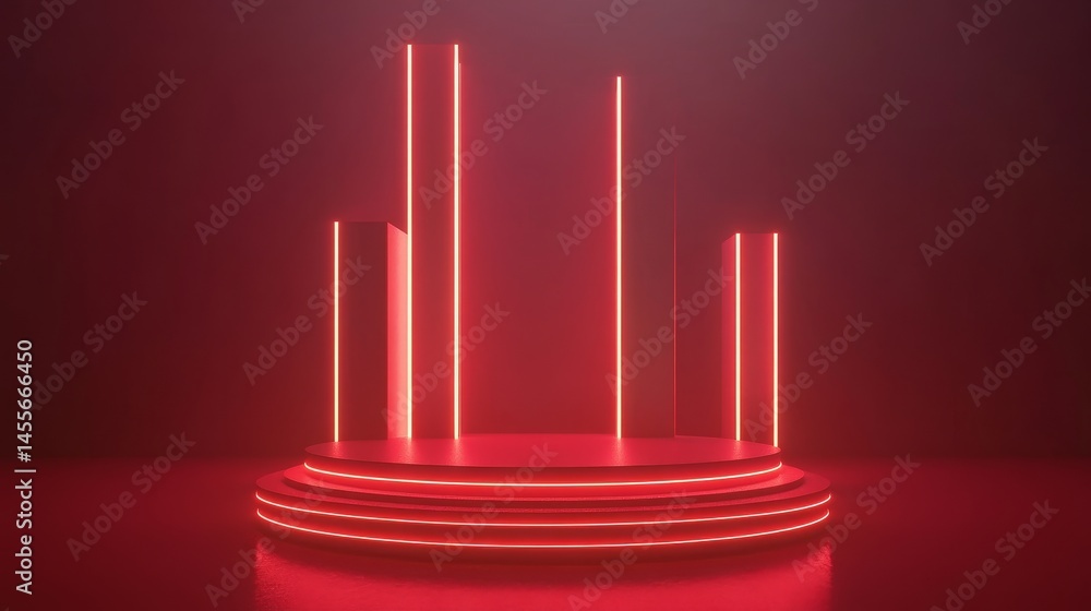 Aufkleber vibrant red minimalist stage design with circular platform and vertical light elements during an art