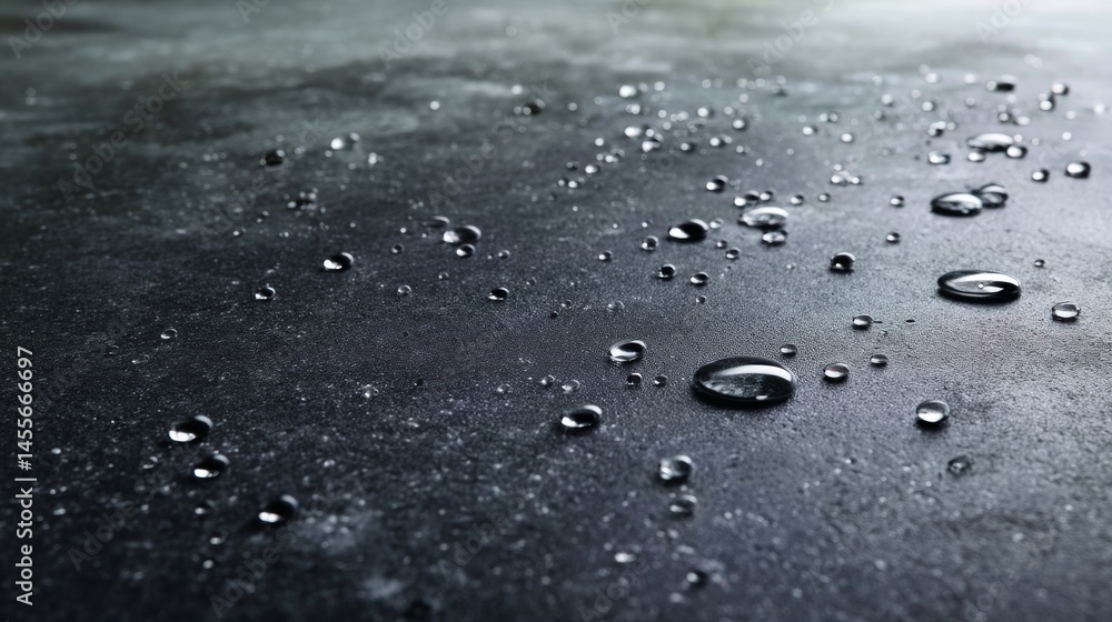 Poster Fine water droplets elegantly scattered across a textured black stone-like surface create a striking visual contrast with soft reflections and ample copy space