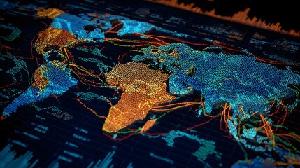 Naklejka premium A Stunning High-Tech World Map Illustration Forming a Modern Digital Backdrop for Business Presentations Tech Wallpapers and Futuristic Concepts Around Globalization and Digital Transformation