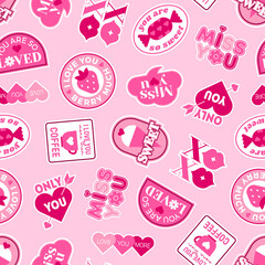 Obraz premium Cute pink badges love concept seamless pattern design for valentine’s day.