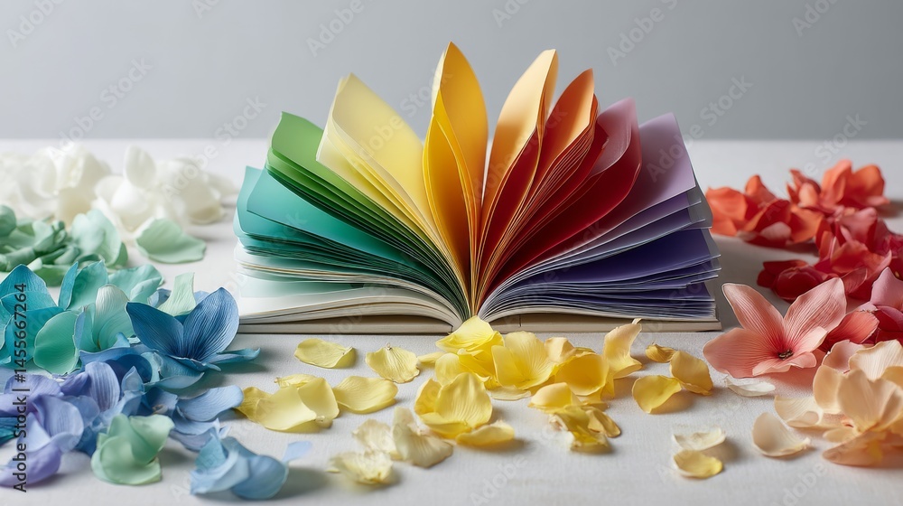 Aufkleber a close-up view showcases a uniquely folded book with vibrant rainbow-colored pages, elegantly surro