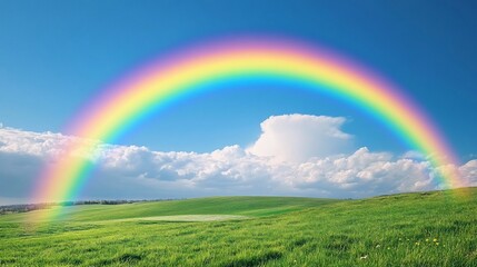 Obraz premium Vibrant Rainbow Arches Over Lush Green Meadow Under a Blue Sky
