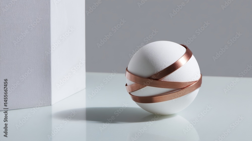 Poster A matte white orb with a copper ring design rests on a smooth gray surface, featuring a clean aesthetic and space for additional text or graphics