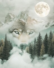 Majestic Wolf Spirit in Mountain Landscape with Full Moon and Misty Forest Scenery