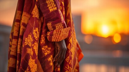 Handwoven Kente cloth with golden Adinkra symbols, celebrating African heritage and unity.
