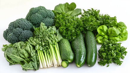 Top View of Fresh Green Vegetables Assortment on White Background