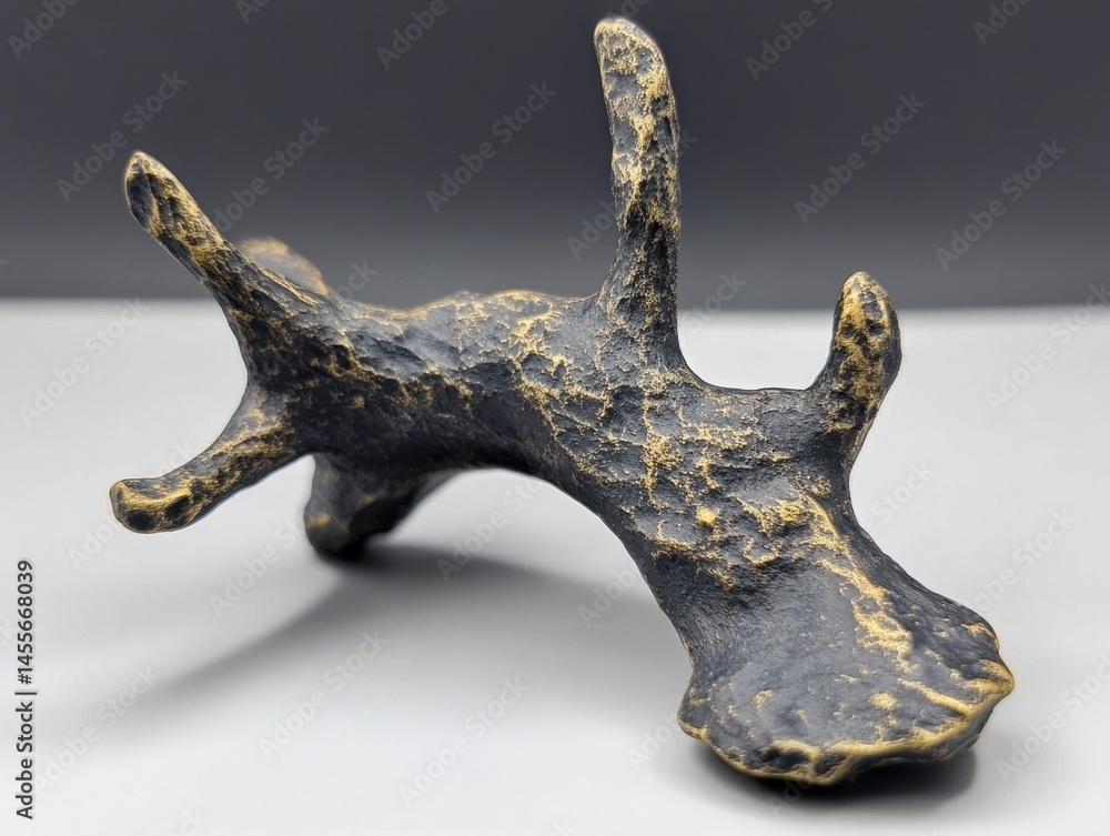 Poster abstract bronze sculpture with textured surface and branch-like projections on gray backdrop