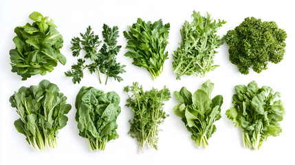 Top View of Fresh Green Vegetables Assortment on White Background
