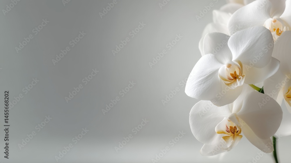 Poster close-up of a single orchid stem featuring exquisite white blooms against a bright white background,