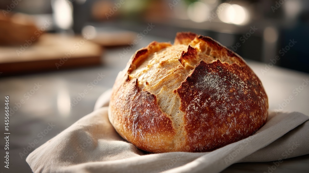 Aufkleber close-up view of rustic sourdough bread showcasing a golden crust and natural cracks, elegantly plac