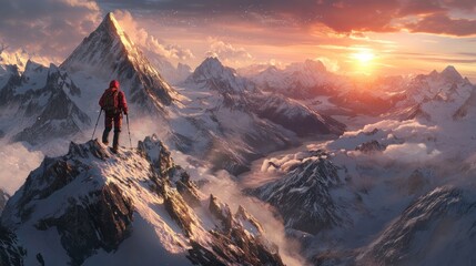 Mountain climber on snowy peak at sunset