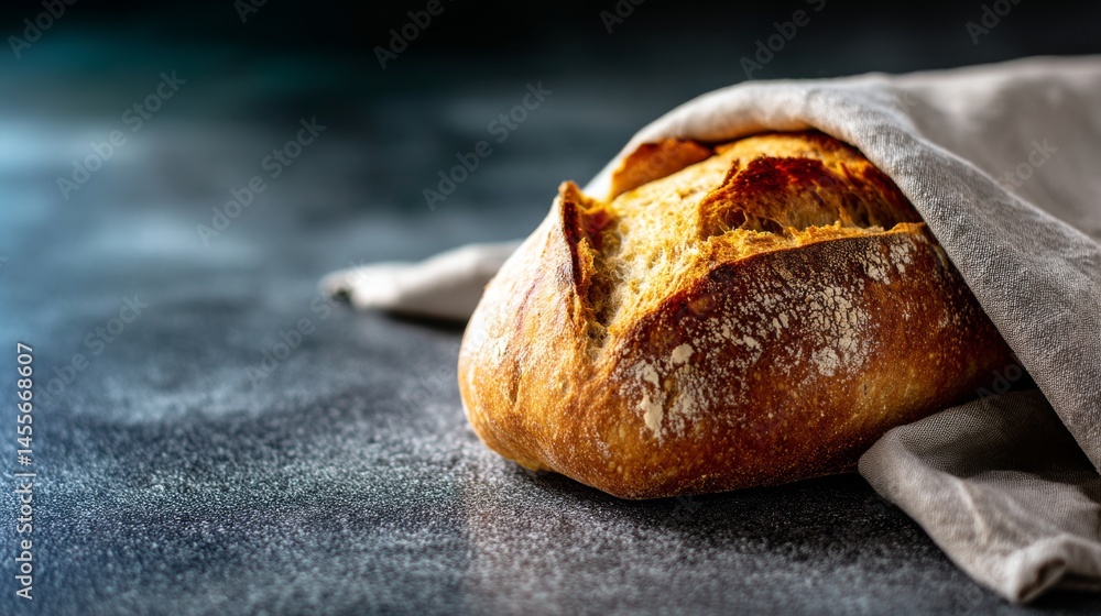 Poster close-up view of rustic sourdough bread showcasing its golden crust and natural cracks, placed elega