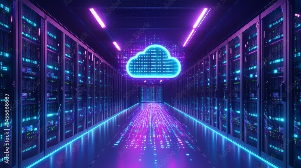 Aufkleber Futuristic Data Center Corridor Illuminated by Neon Lights With Cloud Computing Representation
