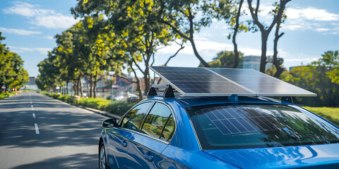 A car sedan with flexible solar panels drives along a road under bright sunlight lined with trees and buildings in the distance.