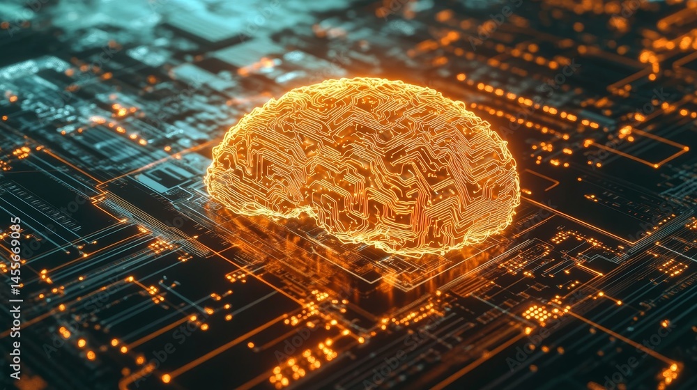 Poster artificial intelligence concept showcasing a glowing brain made of circuit patterns, representing te