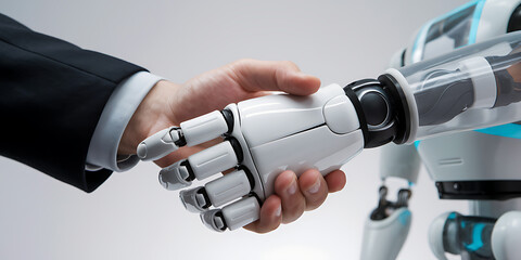 A modern robotic hand extends to shake a human hand showcasing intricate mechanics against a white background with a shadow.