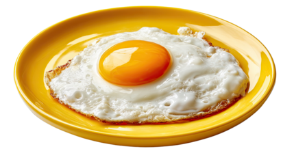 Golden yolk, golden moment: An appetizing, perfectly cooked fried egg, presented on a vibrant yellow plate, ready to brighten any morning, inviting a moment of pure culinary pleasure