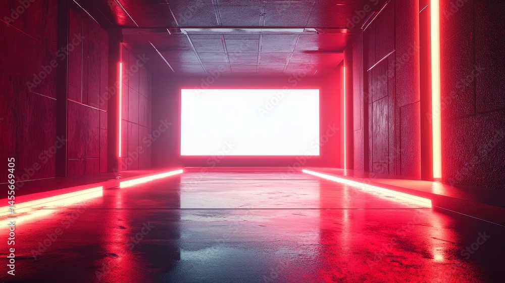 Poster modern empty space with glowing red lights and a large white screen in a darkened room suitable for 