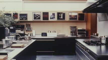 Fototapeta premium Modern Kitchen and Dining Area Featuring Minimalist Design With Wooden Floors, Large Windows, and Artistic Wall Decor in a Contemporary Urban Apartment Setting