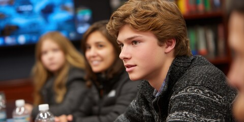Obraz premium Collaborative discussion among young leaders classroom setting group dynamics engaging environment close-up perspective