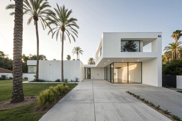 Fototapeta premium Minimalist white cube-style house with palm trees and concrete driveway under bright sunny sky For mood boards and design presentations, Marketing brochures,To present architectural styles or concepts