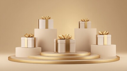 Beige podiums display several gift boxes with gold ribbons
