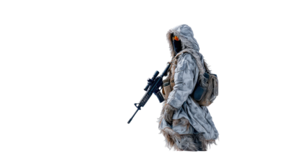 Shadow Soldier's Watch: A lone soldier, enveloped in winter camouflage, stands vigilant with weapon at the ready, observing the icy landscape in a photorealistic display of resilience.