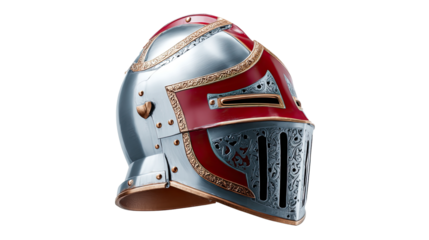 Shining Armor of Valor: A detailed image of a medieval knight's helmet, showcasing craftsmanship. The metallic shine and ornate design represent strength and valor