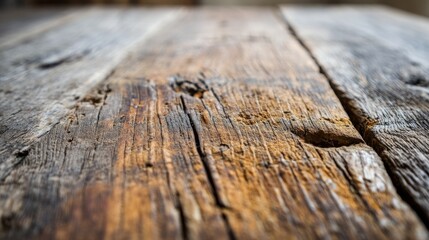 Obraz premium Aged wooden table texture with natural weathered tones, evoking rustic charm and timeless beauty 