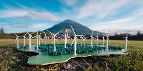 Small white wind turbine models are on a green tree map placed on the ground with a bright blue sky and mountain in the background.