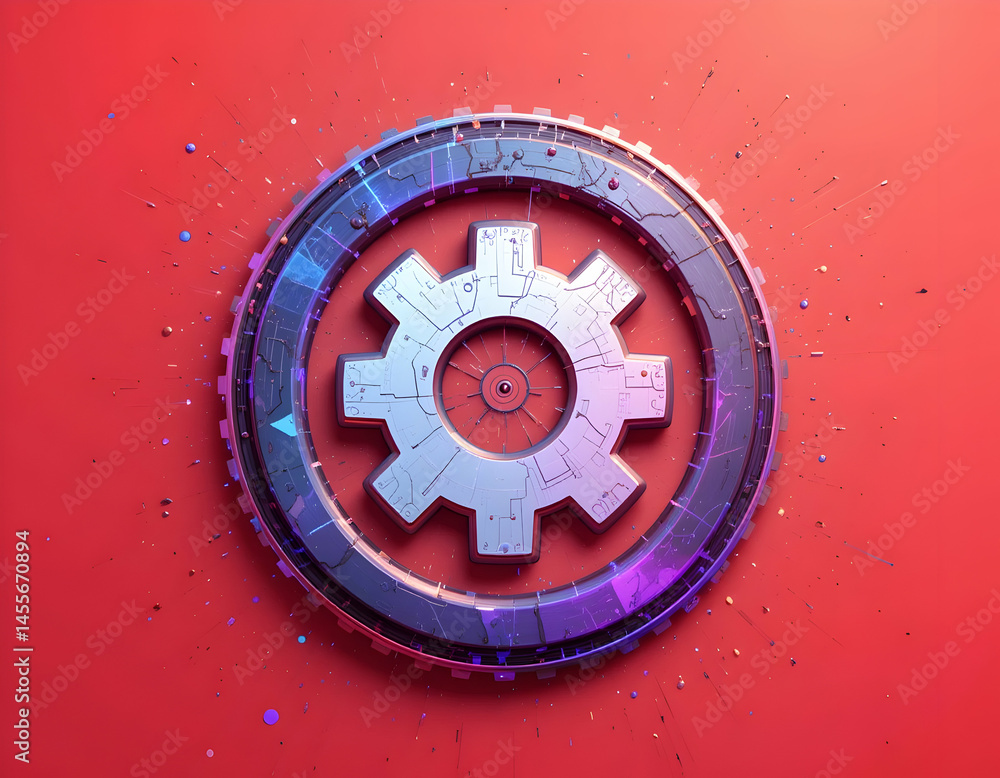 Poster abstract cogwheel mechanism on red background technical design