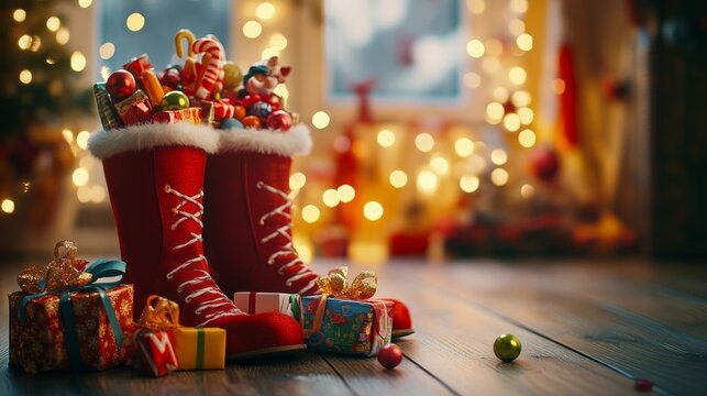 Red Christmas Boots Filled With Gifts and Decorations Near a Cozy Fireplace, Creating a Warm Holiday Atmosphere During Winter Season