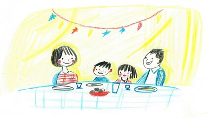 Fototapeta premium Family dinner illustration happy family mealtime drawing with kids and parents