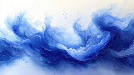 A canvas of swirling blue watercolor, where waves crash and ebb, leaving trails like dreams in the ethereal light 