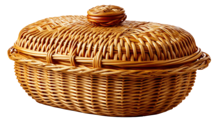 Wicker Basket with Lid: A classic woven wicker basket with a lid, perfect for storage, organization, and adding a rustic touch to any room.