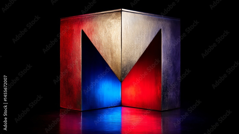 Poster a metallic letter m glows in red and blue on a dark reflective surface, offering space on the left f