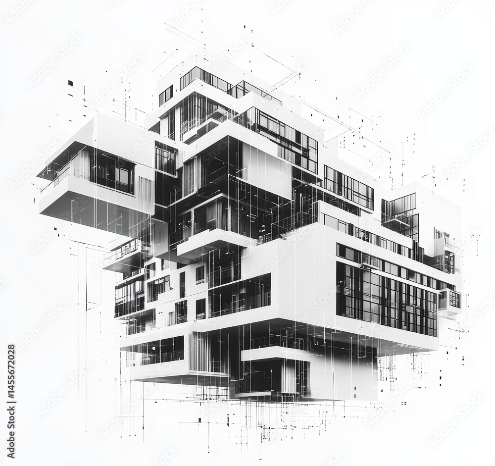 Poster modern architectural design showcases a futuristic building composed of geometric shapes and floatin