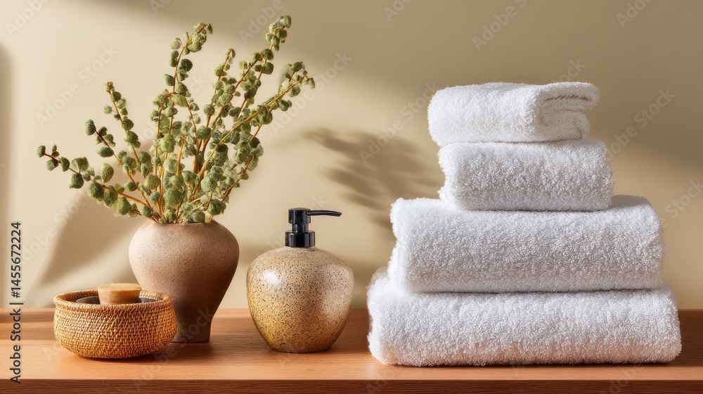 Poster a tower of white spa towels is elegantly arranged on a clean tabletop, complemented by a vase with g