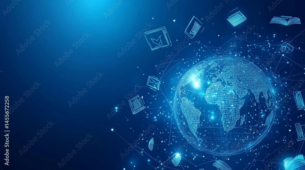 Poster digital transformation represented by a glowing globe and various icons symbolizing knowledge, commu