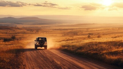 Sunset drive through golden grasslands