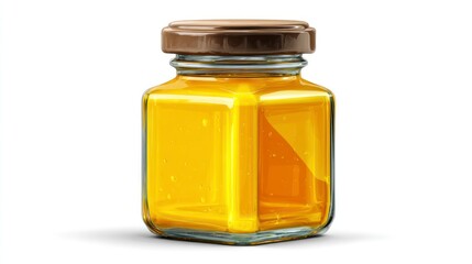 A jar filled with golden honey showcasing its rich color and texture against a clean white bac