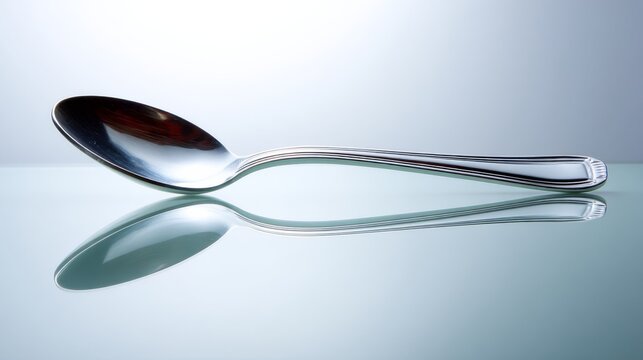 Empty stainless steel tablespoon is placed horizontally on a seamless white background, showcasing its clean reflection and providing space for informative text