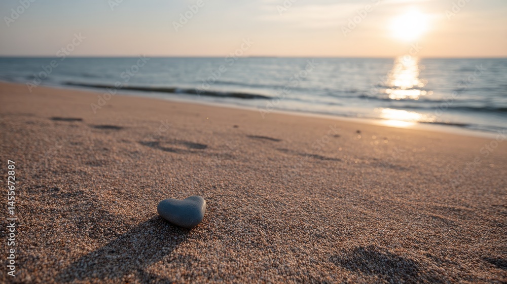Fototapete smooth heart-shaped stone rests on gentle sand as soft ocean waves lap at the shore, illuminated by 